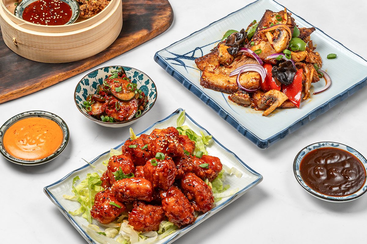 KFC chicken, pork belly och kimchi